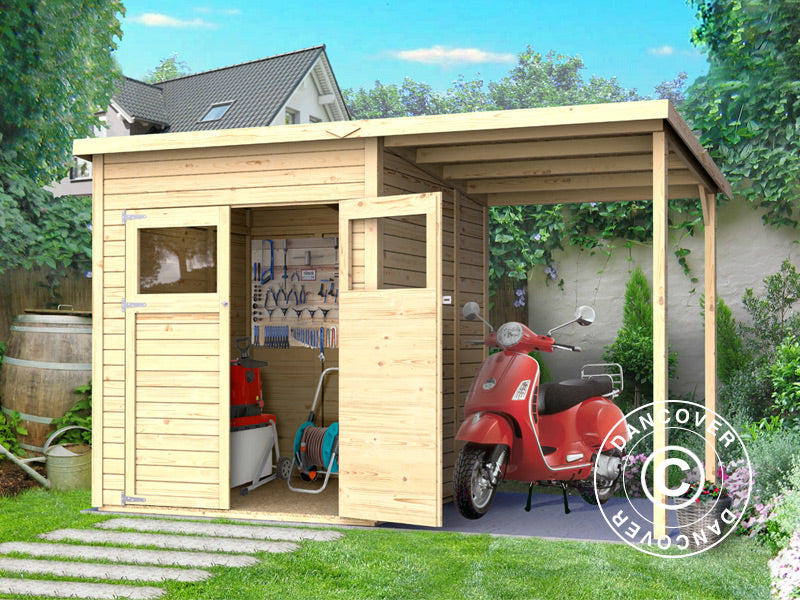 Casetta in legno con tettoia laterale, Bertilo Amrum 2 Plus, 3,23x1,8x2,1m, 2,78m² + 3,03m²