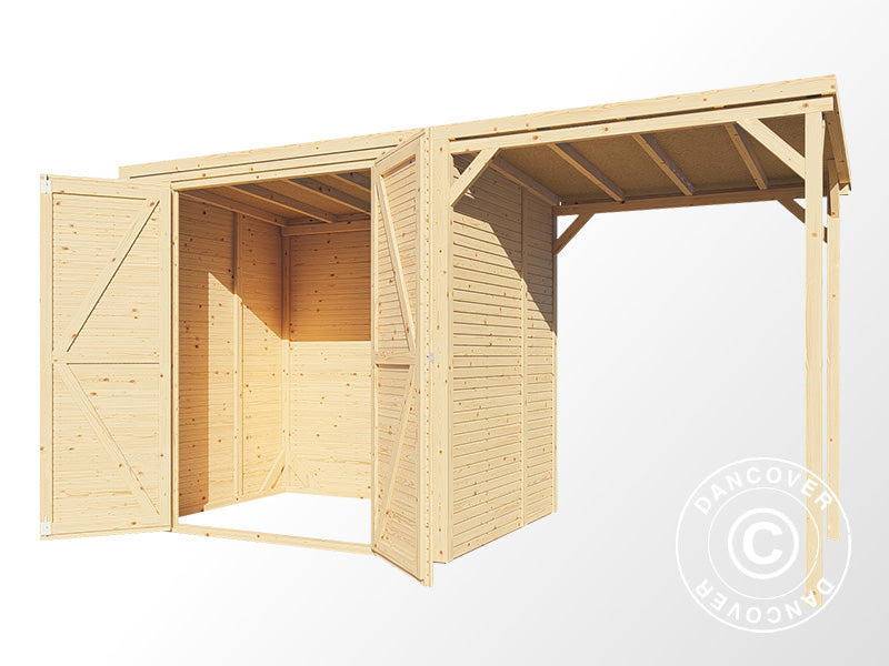Abri en bois avec surplomb, Bertilo Cubico 2Plus, 3,73x1,57x2,08m, 2,43m² + 3,37m², Naturel