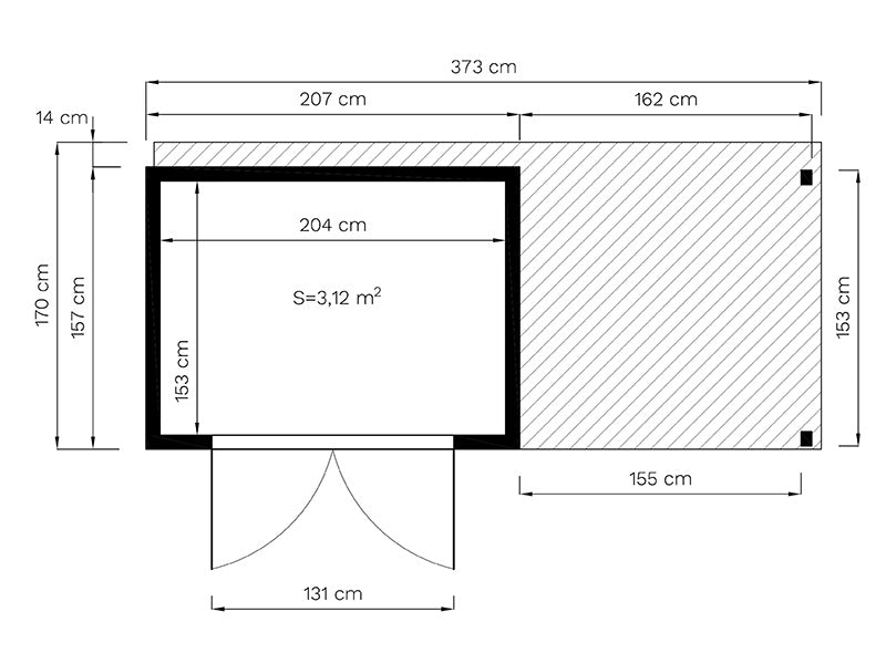 Holzschuppen mit Vordach, Bertilo Cubico 2Plus, 3,73x1,57x2,08m, 2,43m² + 3,37m², Natur