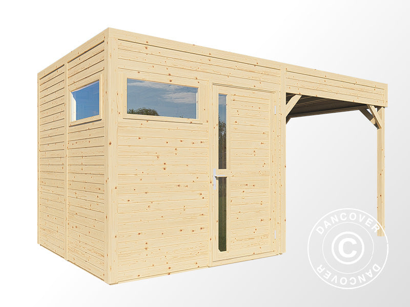 Abri en bois avec surplomb, Bertilo Cubus 2L, 4,49x2,34x2,32m, 5,1m²+5,15m², Naturel