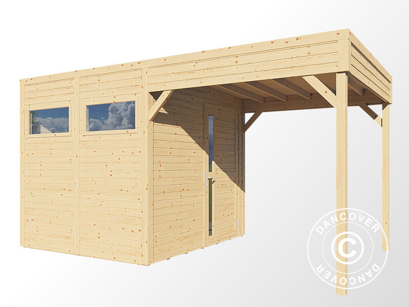 Holzschuppen mit Vordach, Bertilo Cubus 2L, 4,49x2,34x2,32m, 5,1m²+5,15m², Natur