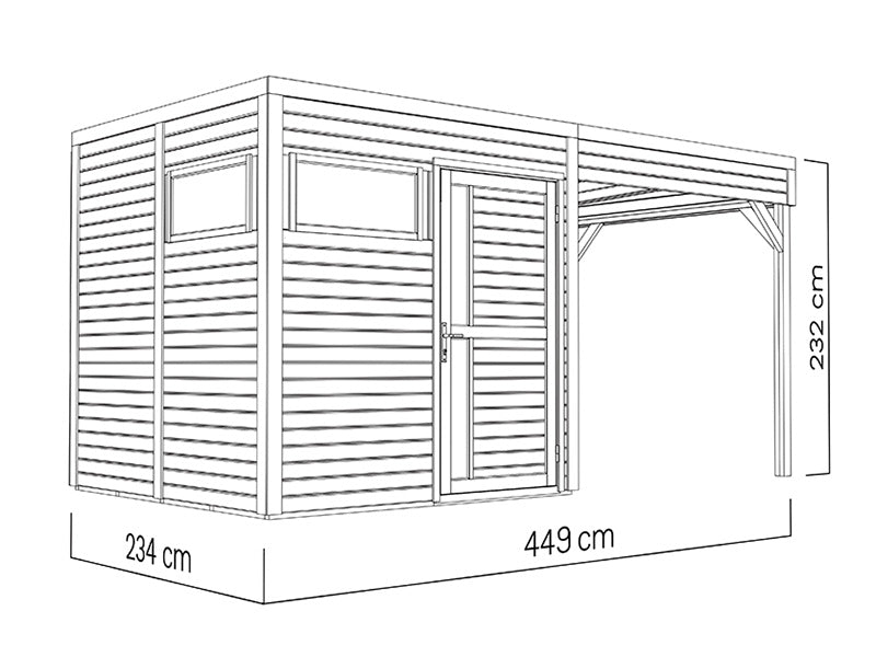 Abri en bois avec surplomb, Bertilo Cubus 2L, 4,49x2,34x2,32m, 5,1m²+5,15m², Naturel