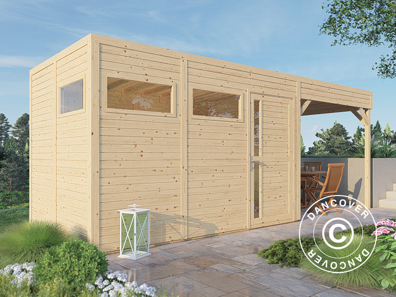 Wooden shed w/overhang, Bertilo Cubus 3L, 5.58x2.34x2.32 m, 7.65 m²+5.15 m², Natural