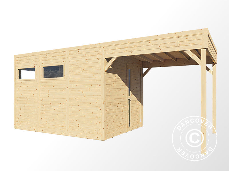 Wooden shed w/overhang, Bertilo Cubus 3L, 5.58x2.34x2.32 m, 7.65 m²+5.15 m², Natural