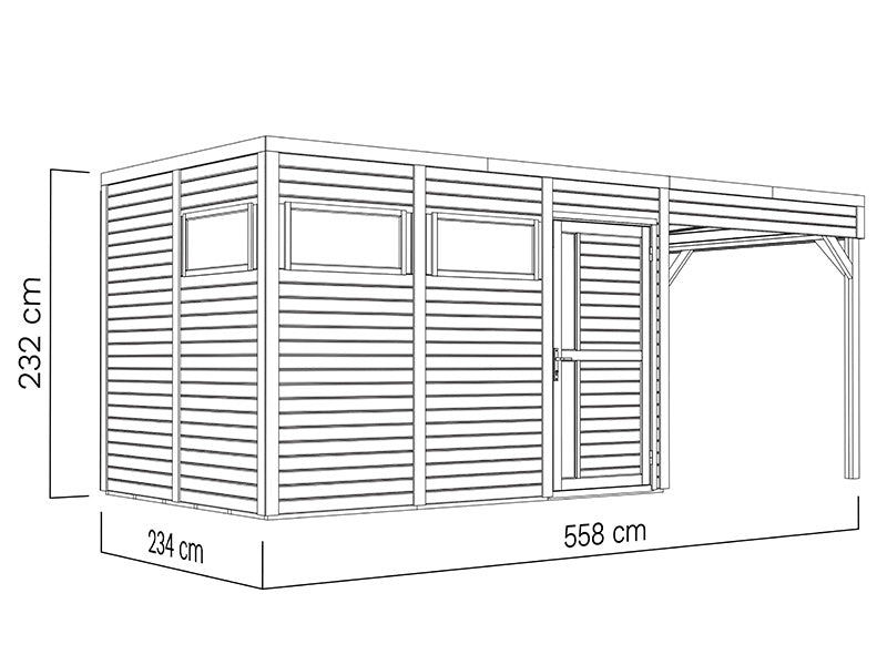Abri en bois avec surplomb, Bertilo Cubus 3L, 5,58x2,34x2,32m, 7,65m²+5,15m², Naturel