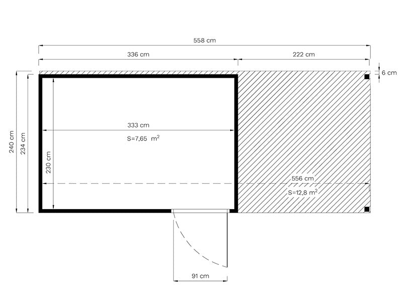 Wooden shed w/overhang, Bertilo Cubus 3L, 5.58x2.34x2.32 m, 7.65 m²+5.15 m², Grey