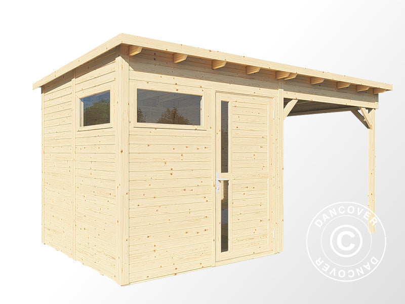 Wooden shed w/overhang, Bertilo Pentus 2L, 4.49x2.34x2.33 m, 5.1 m²+5.1 m², Natural