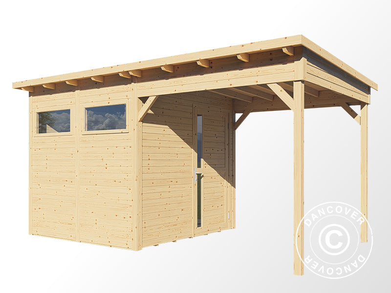 Wooden shed w/overhang, Bertilo Pentus 2L, 4.49x2.34x2.33 m, 5.1 m²+5.1 m², Natural