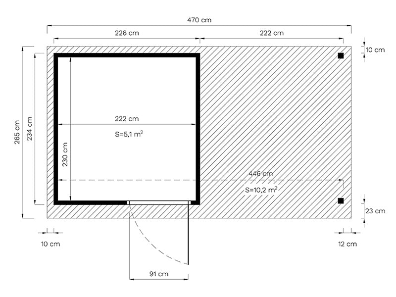 Wooden shed w/overhang, Bertilo Pentus 2L, 4.49x2.34x2.33 m, 5.1 m²+5.1 m², Natural