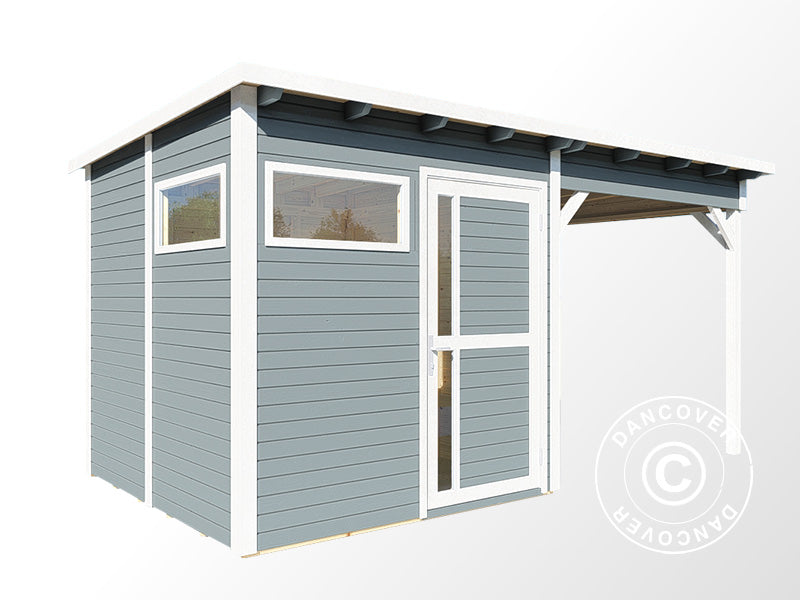 Wooden shed w/overhang, Bertilo Pentus 2L, 4.49x2.34x2.33 m, 5.1 m²+5.1 m², Grey