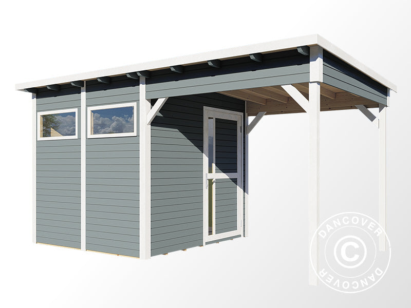 Wooden shed w/overhang, Bertilo Pentus 2L, 4.49x2.34x2.33 m, 5.1 m²+5.1 m², Grey