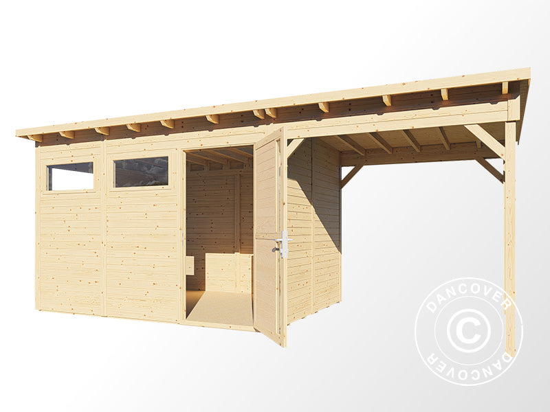 Wooden shed w/overhang, Bertilo Pentus 3L, 5.58x2.34x2.33 m, 7.65 m²+5.15 m², Natural