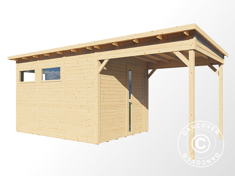 Wooden shed w/overhang, Bertilo Pentus 3L, 5.58x2.34x2.33 m, 7.65 m²+5.15 m², Natural
