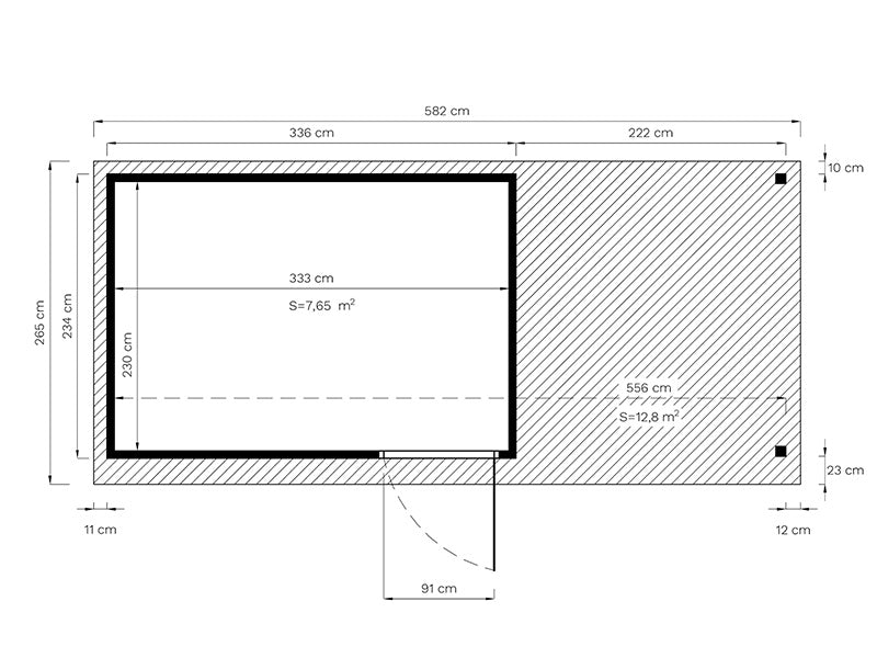 Wooden shed w/overhang, Bertilo Pentus 3L, 5.58x2.34x2.33 m, 7.65 m²+5.15 m², Grey