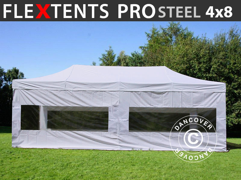 Prekybinė palapinė FleXtents PRO Steel 4x8m Balta, įsk. 6 šonines sienas