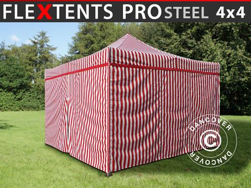 Quick-up telt FleXtents PRO Steel 4x4m Stripet, inkl. 4 sider