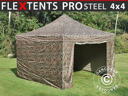 Vouwtent/Easy up tent FleXtents PRO Steel 4x4m Camouflage/Militair, inkl. 4 Zijwanden