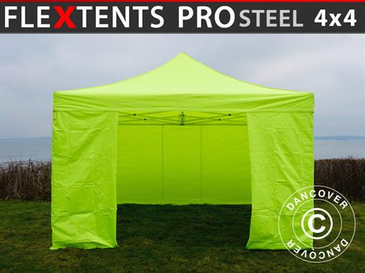 Tente pliante FleXtents PRO Steel 4x4m Néon jaune/vert, avec 4 cotés