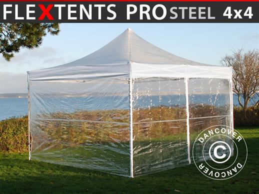 Faltzelt FleXtents PRO Steel 4x4m Transparent, mit 4 Seitenwänden