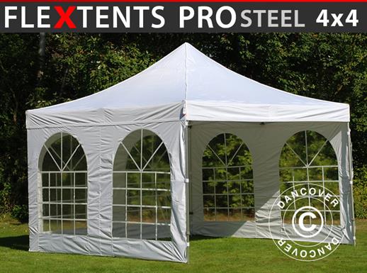 Tente pliante FleXtents PRO Steel Vintage Style 4x4m Blanc, avec 4 cotés