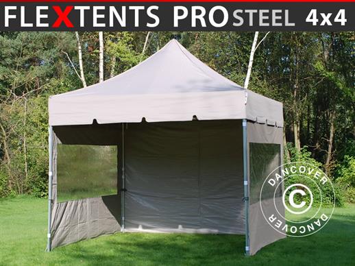 Quick-up telt FleXtents PRO Steel "Peaked" 4x4m Latte, inkl. 4 sider