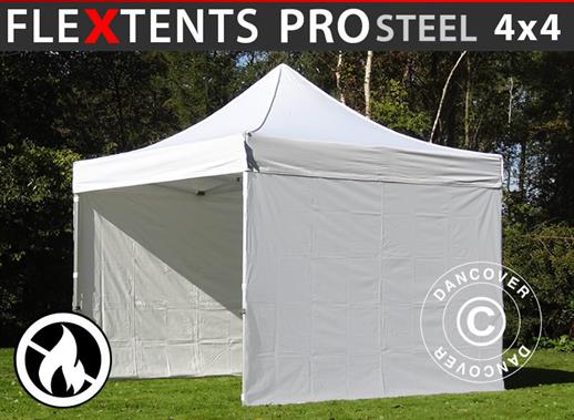 Vouwtent/Easy up tent FleXtents PRO Steel 4x4m Wit, Vlamvertragende, inkl. 4 Zijwanden