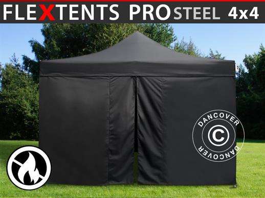 Vouwtent/Easy up tent FleXtents PRO Steel 4x4m Zwart, Vlamvertragende, inkl. 4 zijwanden