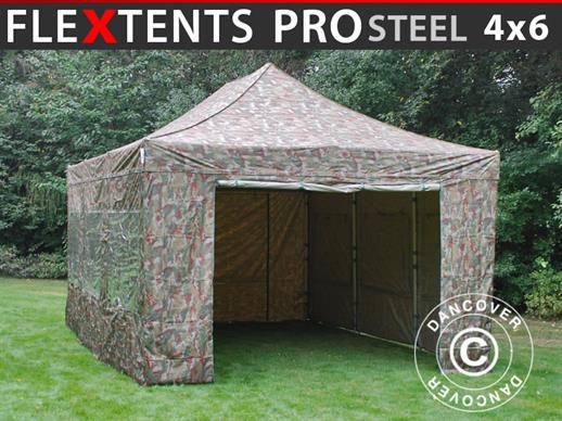 Pop up gazebo FleXtents PRO Steel 4x6 m Camouflage/Military, incl. 8 sidewalls