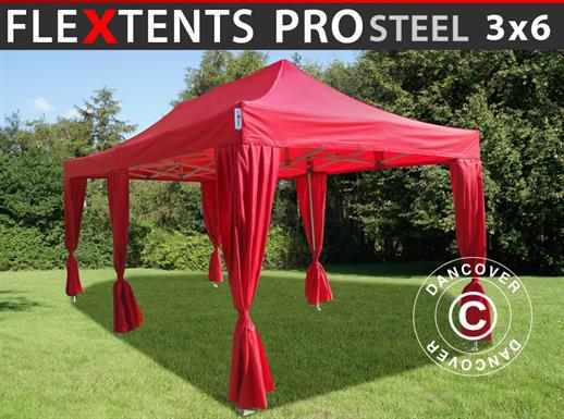 Prekybinė palapinė FleXtents PRO Steel 3x6m Raudona, įsk. 6 dekoratyvinėmis užuolaidomis