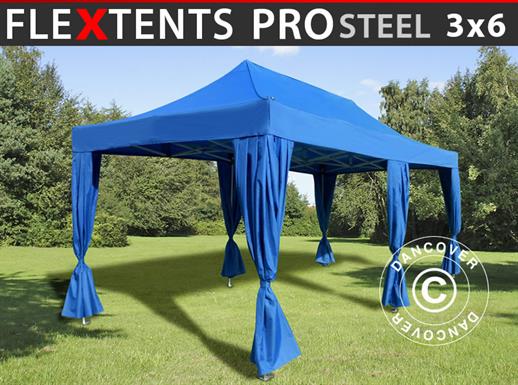 Saliekamā nojume FleXtents PRO Steel 3x6m Zils, ar 6 dekoratīvie aizkari