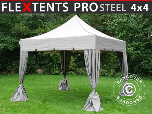 Quick-up telt FleXtents PRO Steel "Peaked" 4x4m Latte, inkl. 4 dekorative gardiner