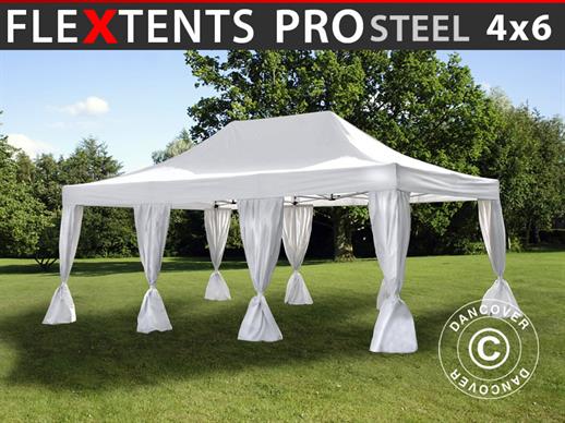 Gazebo pieghevole FleXtents PRO Steel 4x6m Bianco, incl. 8 tendaggi decorativi