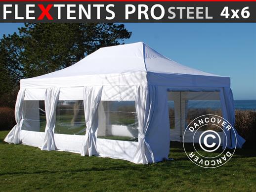 Tenda Dobrável FleXtents PRO Steel 4x6m Branca, incl. 8 paredes laterais & cortinas decorativas