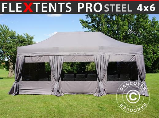 Gazebo pieghevole FleXtents PRO Steel 4x6m Latte, incl. 8 fianchi & tendaggi decorativi