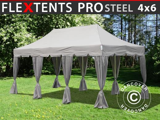Vouwtent/Easy up tent FleXtents PRO Steel "Peaked" 4x6m Latte, inkl. 8 decoratieve gordijnen