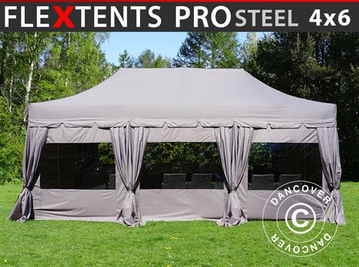 Tente Pliante FleXtents PRO Steel "Peaked" 4x6m Latte, avec 8 cotés & rideaux décoratifs