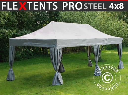 Vouwtent/Easy up tent FleXtents PRO Steel 4x8m Latte, inkl. 6 decoratieve gordijnen