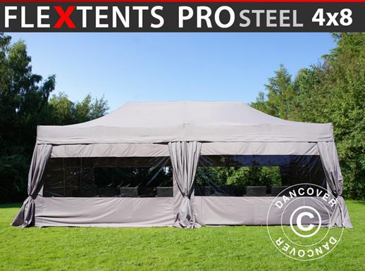 Tente Pliante FleXtents PRO Steel 4x8m Latte, avec 6 cotés & rideaux décoratifs