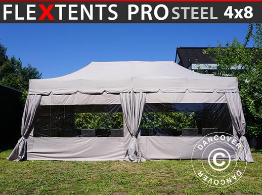 Foldetelt FleXtents PRO Steel ”Peaked” 4x8m Latte, inkl. 6 sidevægge og 6 pyntegardiner